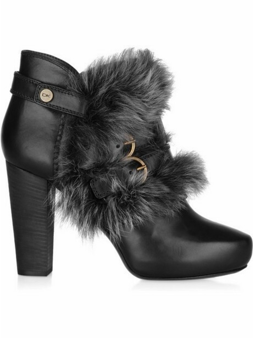 DKNY Black Leather Ankle Boot with Gray Shearling Trim